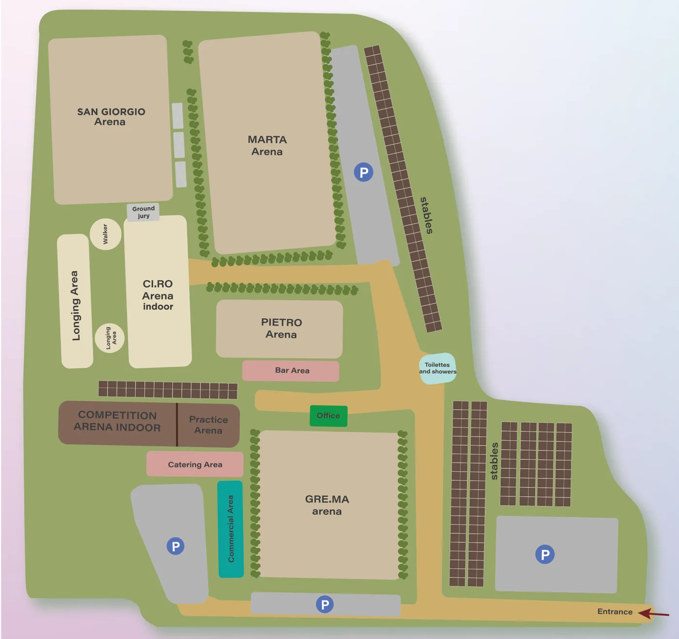 Venue map: Competition Arena indoor with Practice Arena, CI.RO indoor arena, San Giorgio, Marta, Pietro and GRE.MA arenas, longing areas, walker, ground jury, office, bar, catering and commercial areas, toilets and showers, stables and four car parks, entrance on the south-east side.